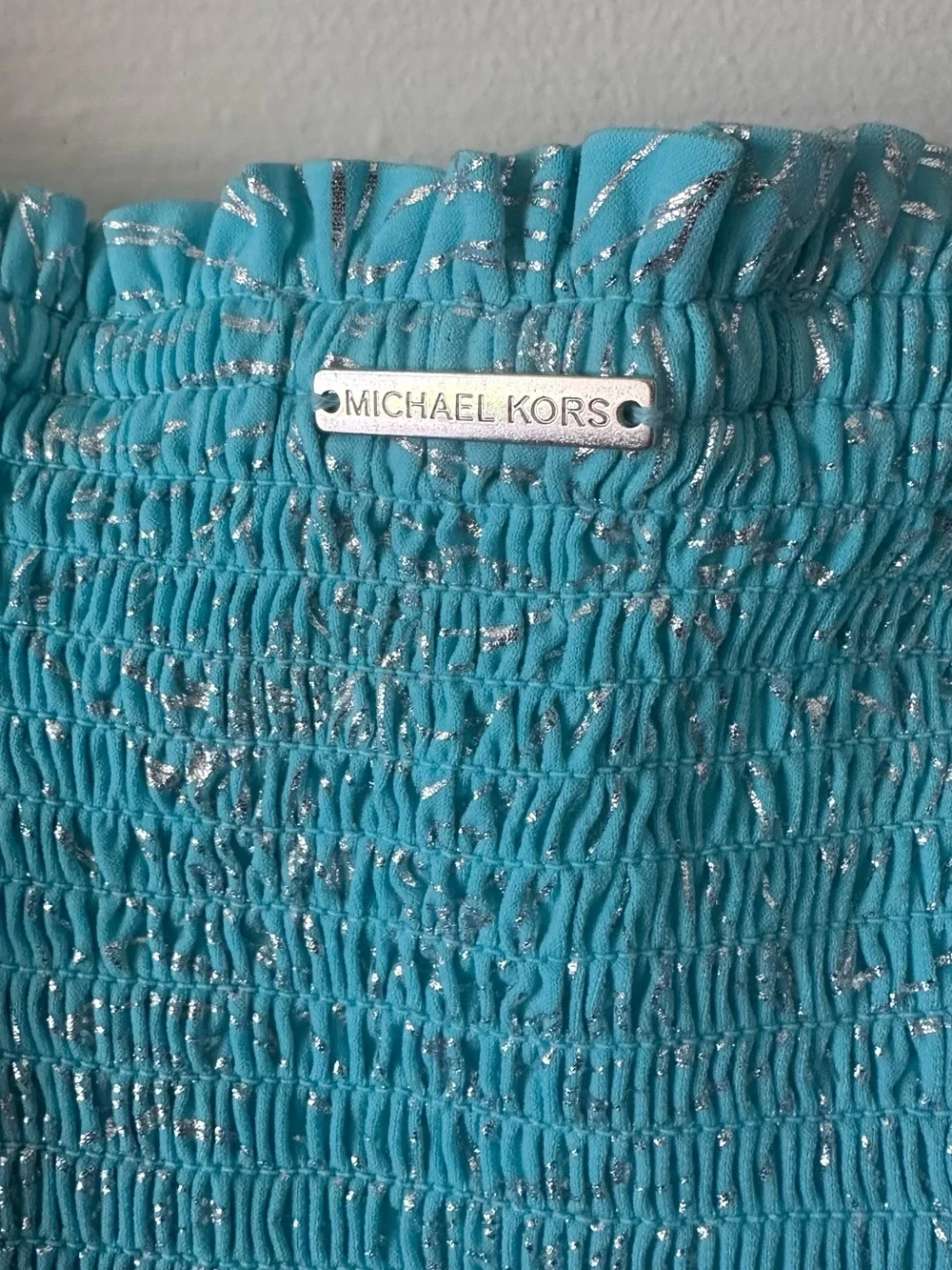 Michael Kors Turquoise Strapless Jumpsuit with Silver Foil Print